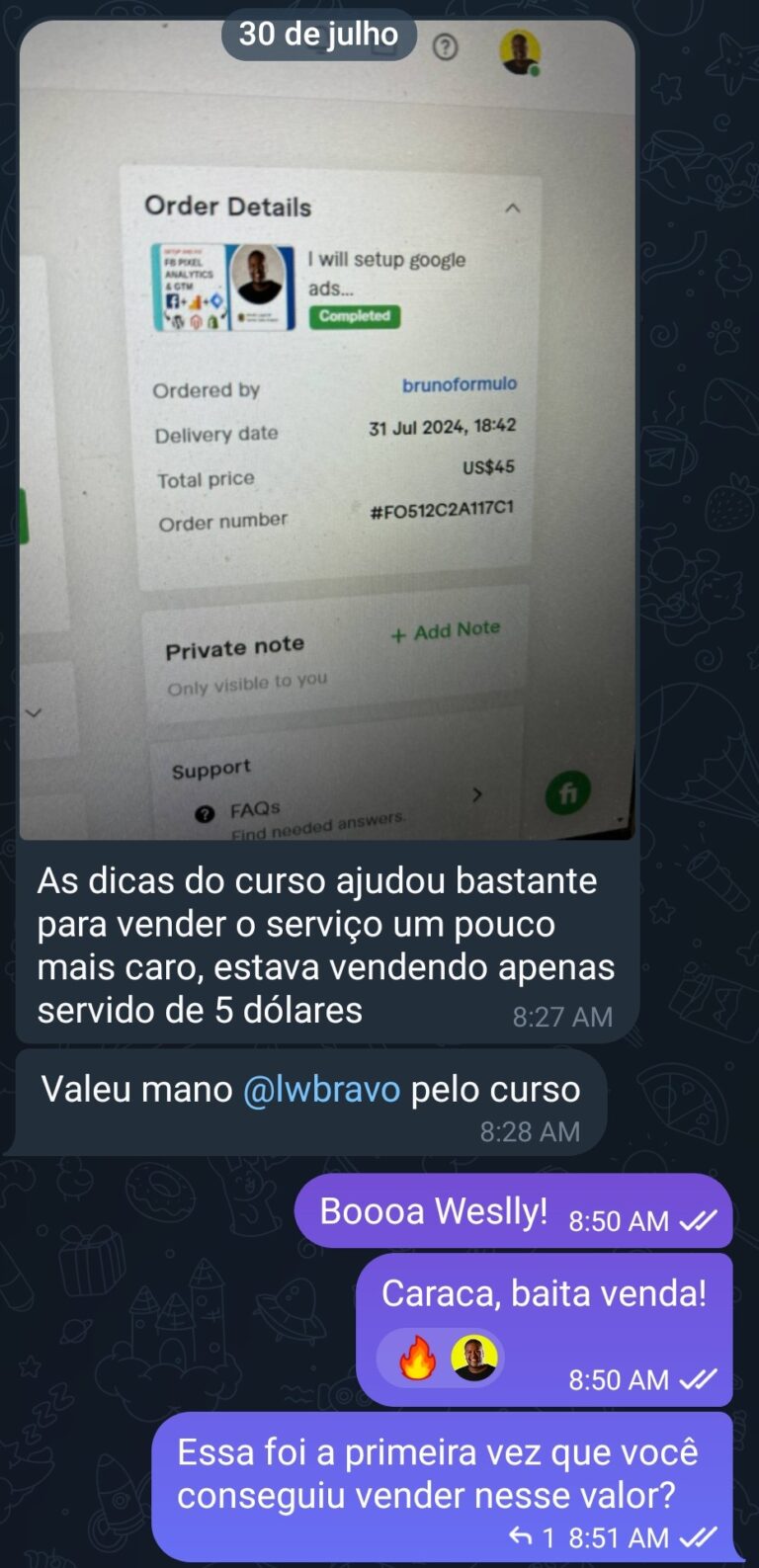 Aluno que fechou uma venda de  após aplicar as estratégias